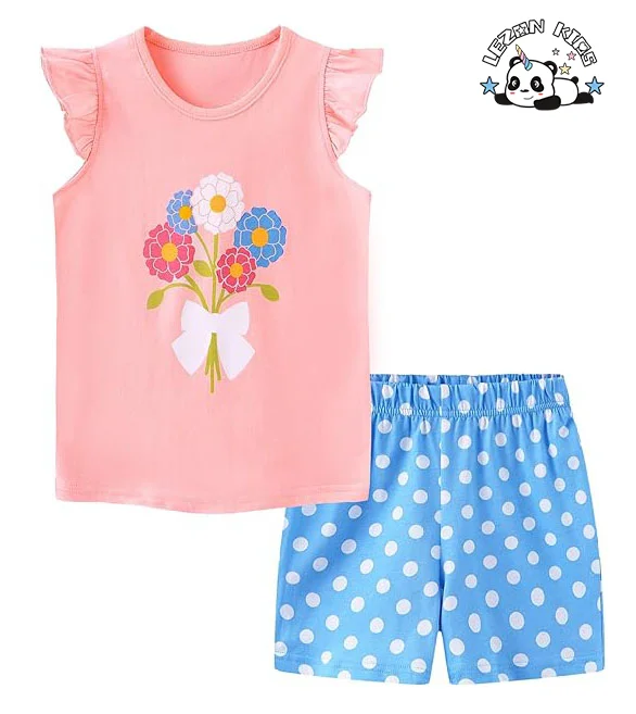 LEZONKIDS - Conjunto de Roupas de Verão para Crianças de 2 Peças: Camiseta sem Manga com Estampa e Shorts para Meninas com Logotipo Personalizado